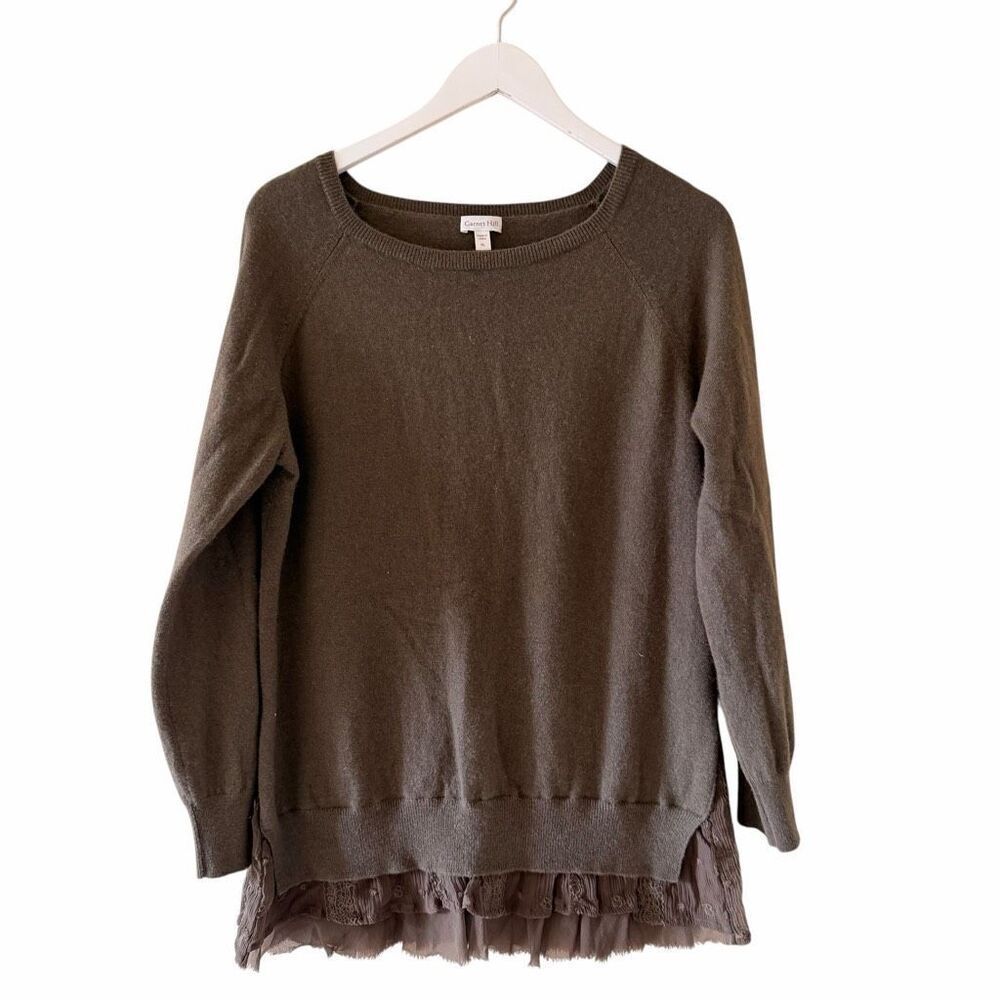 Garnet Hill Olive Green Lace Shirt Tale Trim 100% Cashmere sweater SZ XL # 2557